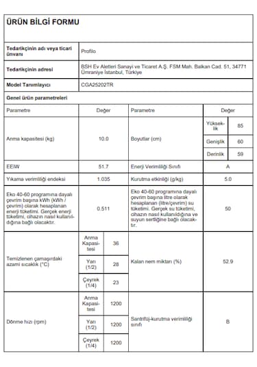 Profilo CGA25202TR 1200 Devir 10 Kg Çamaşır Makinesi Beyaz