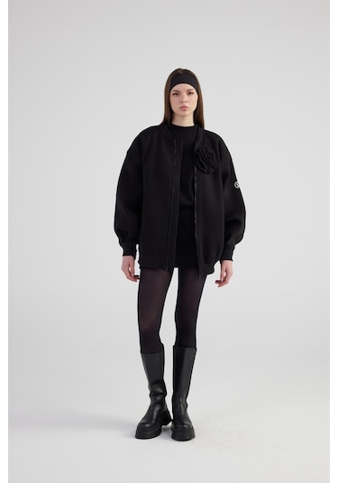Holly Lolly Oversize Çıkarılabilir Gül Detaylı Astarlı Alexa Bomber Ceket Siyah