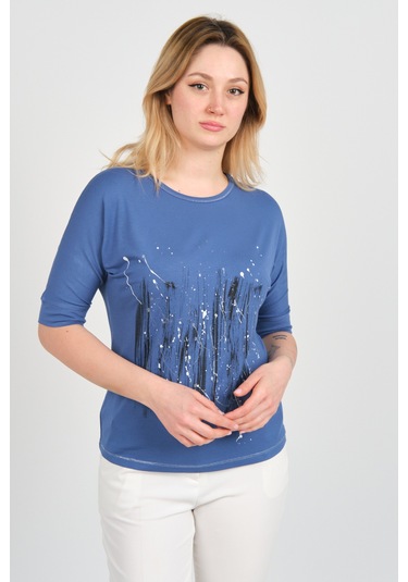 Sistas Kadın Bisiklet Yaka Desenli Yaka Ve Etek Ucu Parlak Şeritli Bluz 24244 Indigo Indigo