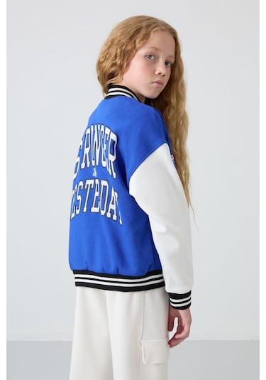 Tommy Life Gece Mavi Pamuklu İçi Tüylü Yumuşak Dokulu Standart Fit Nakışlı Kız Çocuk Kolej Ceket - 75163 Mavi