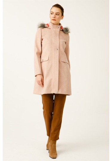 Yün Kumaş Fermuar Kapamalı Kapişonlu Kaban Pudra-pudra Pudra