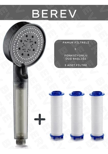 Berev Filtreli 5 Fonksiyonlu Siyah Yüksek Basınçlı Ayarlanabilir Duş Başlığı 3 Adet Duş Başlığı Filtresi Siyah