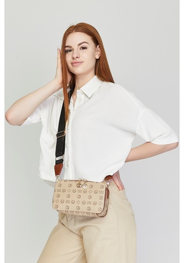 Morpelikan Bej Monogram İki Bölmeli Kadın Omuz Çantası Bej