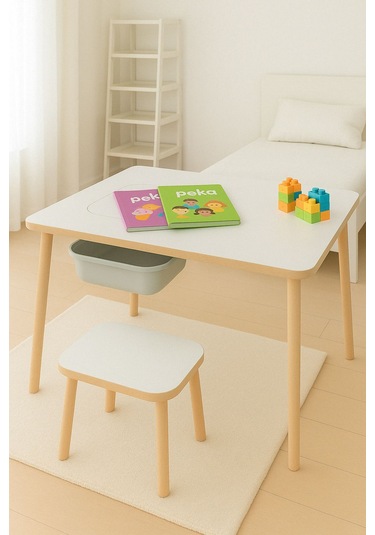 Çocuk Çalışma Oyun Etkinlik Ve Aktivite Masası Tek Tabureli Sepetli Mdf Ahşap Beyaz