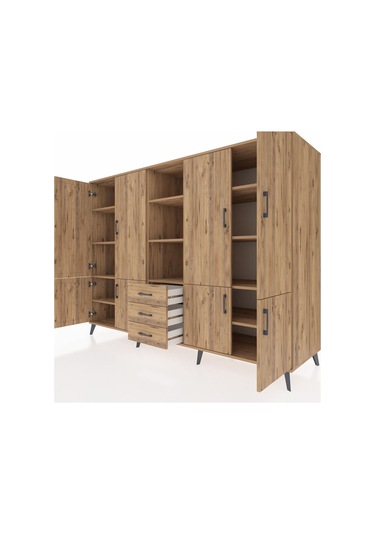 Kronos Dolap 11 Raflı 3 Çekmeceli 8 Kapaklı 220x59x163 Çam-çam Çam-çam