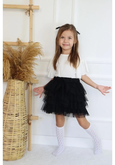 Kız Çocuk 23 Nisan Tül Etekli Kısa Kol İkili Takım Krem