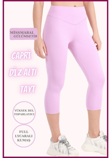 Kadın Kapri Tayt Diz Altı Lila Yüksek Bel Toparlayıcı Dar Paça Karyoka Dikiş Detaylı Capri 1020 Lila