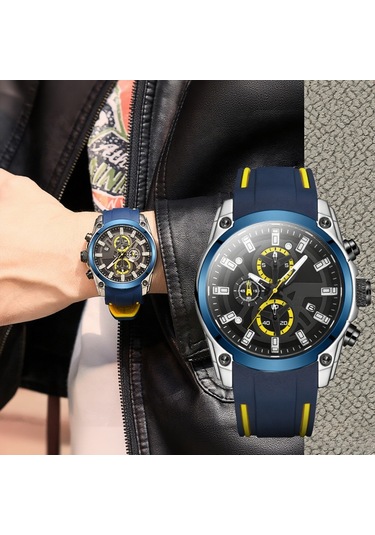 Yunboo Megır 2144 Erkek Spor Saati - Kronometre, Takvim, Aydınlatma Özellikli - 3atm Su Geçirmez - Silikon Kordon - Siyah Ekran, Mavi Bant Kutu İle Lacivert