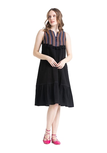 Kolsuz Şile Bezi Ilgaz Midi Boy Elbise Siyah Syh-siyah