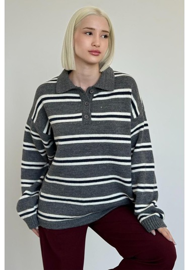 Antrasit Polo Yaka Çizgili Kadın Triko Kazak Mg2469 Antrasit