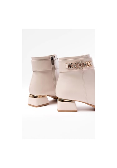 Rm-502 Bej Toka Aksesuarlı Topuklu Fermuarlı Günlük Kadın Bot Bej
