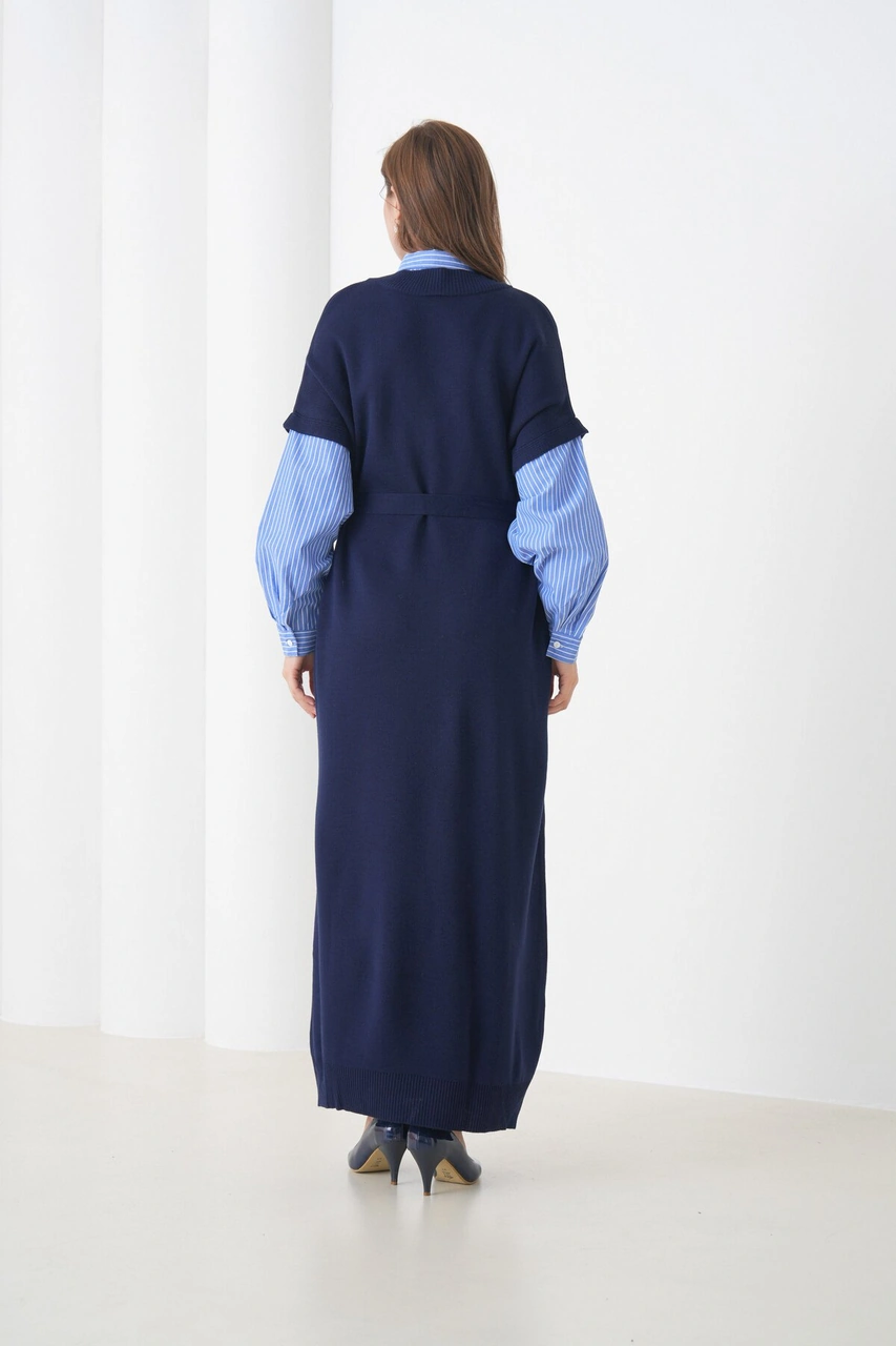 Kadın Uzun Kol Gömlek Yaka İçi Gömlekli Triko Kuşaklı Triko Spor Şık Elbise Lacivert