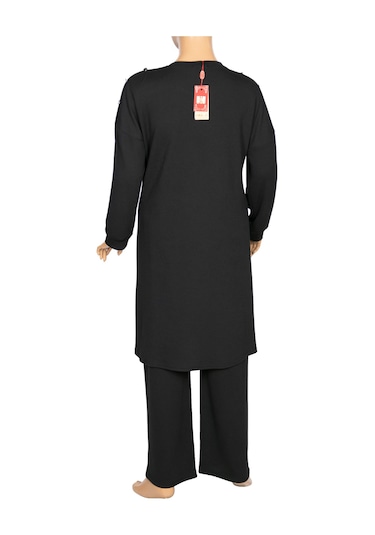 Hesna Kadın Benan Fitilli Düğmeli Spor Siyah Tunik Pantolon Takım Siyah