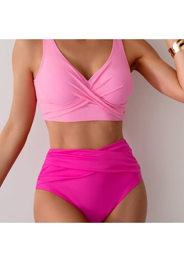 2 Adet/set Kadın Bikini Seti Derin V Yaka Dolgulu Telsiz Sütyen Yüksek Bel Yüzme Şortu Seti Düz Renk Yırtmaçlı Tasarım Plaj Giyim Pembe 2 Adet/set Kadın Bikini Seti Derin V Yaka Dolgulu Telsiz Sütyen Yüksek Bel Yüzme Şortu Seti Düz Renk Yırtmaçlı Tasarım Plaj Giyim Pembe
