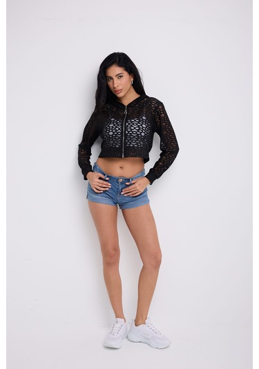 Kapuşonlu Dantel Bluz Siyah