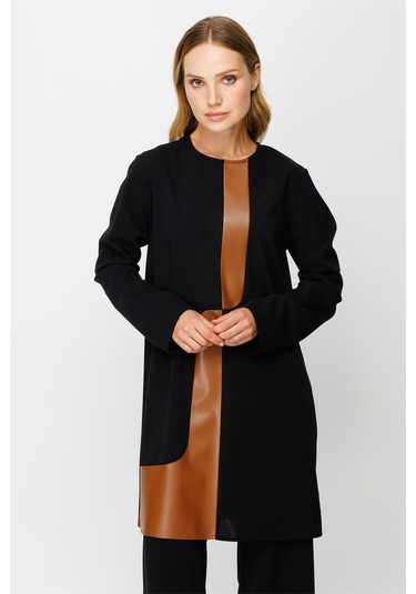 Deri Detaylı Pantolon Tunik Takım Siyah-siyah Siyah