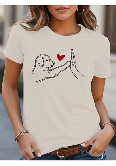 Sensuelle Kadın Kısa Kollu Bisiklet Yaka Köpek Baskılı Viskon Bluz Beyaz