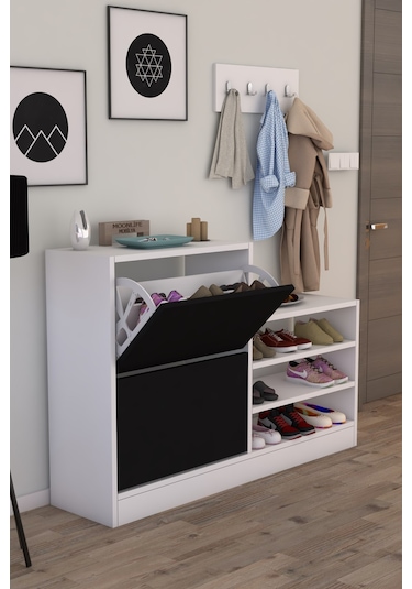 Anatolia 2 Kapak Kayar Raflı Ayakkabılık Siyah Beyaz