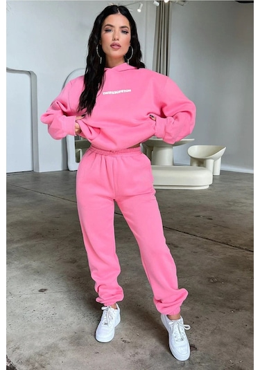 Pembe That So Fetch Eşofman Takımı - Baskılı Oversize Kapüşonlu Şardonlu Pembe