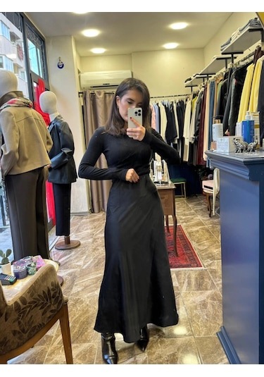 Ayçagüney Saten Beli Lastikli Maxi Etek - Siyah Siyah
