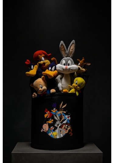 Keçe Oyuncak Sepeti Çizgi Film Desenli, Katlanabilir Kulplu, Çocuk Odası Düzenleyici 38x39 Siyah