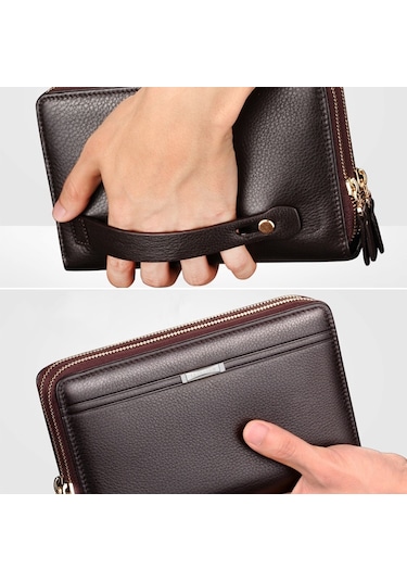 Sones Leınasen A80 Çoklu Kart Erkek El Çantası Çift Fermuarlı Büyük Kapasiteli Cüzdan Siyah