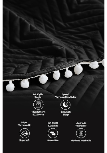 Evlen Home Ponponlu %100 Pamuk Tek Kişilik Günlük Yatak Örtüsü Pike Takımı Seti Siyah