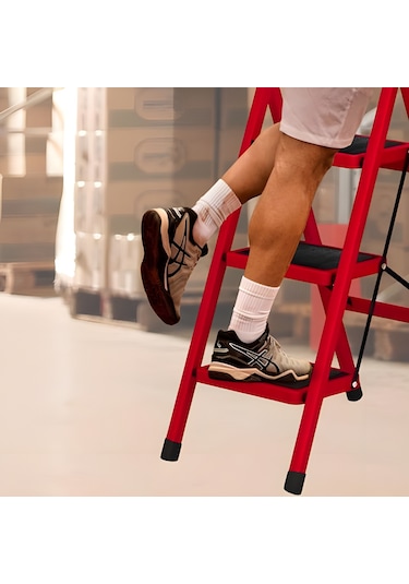 Asil Metal 3 Basamaklı Katlanır Merdiven Kaymaz Yüzeyli Basamaklı Ev Tipi 150 Kg Taşıma Kapasiteli Kırmızı 1 Adet