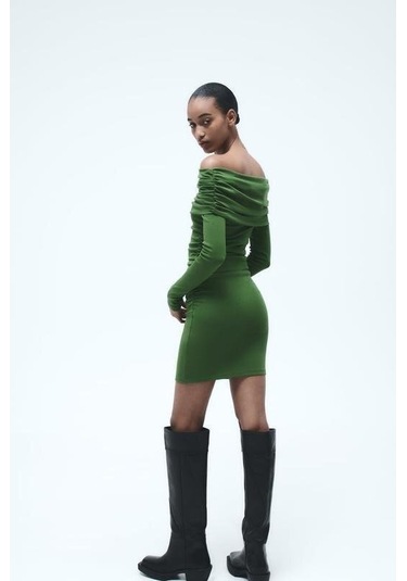 Kadın Madonna Mendil Yaka Fırsat Ürün Büzgülü Mini Elbise Yeşil
