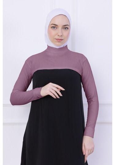 Balıkçı Yaka Boyunluklu Kolluk Gül Kurusu Pembe - Likralı Dik Yakalı Kadın Body Tesettür Crop Bolero Gül Kurusu