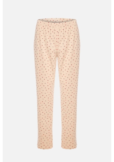 Kadın Pamuklu Çıtır Çiçek Desenli Baby Overloklu Fiyonk Detaylı Uzun Kollu Pijama Takımı Ko70142-2