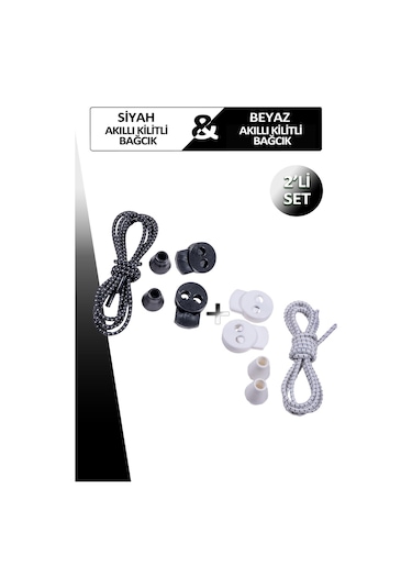 Akıllı Kilitli Noktalı Ayakkabı Bağcığı - Siyah - Beyaz 2'li Set