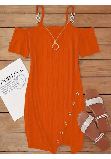 Kadın Askılı Önü Fermuarlı Asimetrik Kesim Detaylı Kalın Fitilli Kaşkorse Elbise Turuncu
