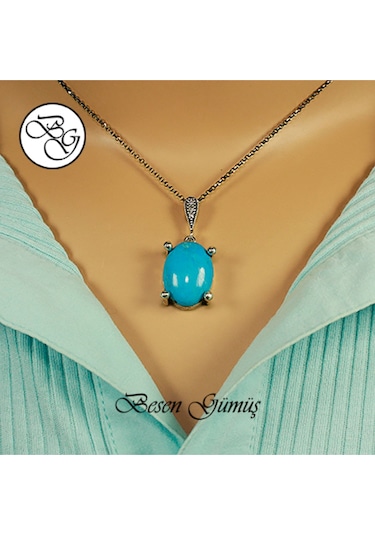 Özel Tasarım Doğal Firuze Taşlı Gümüş Set Rose Gold - Gümüş