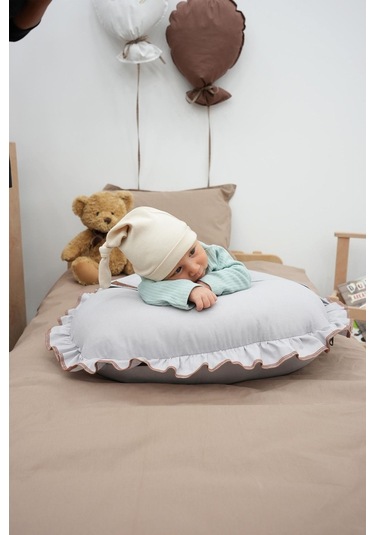 Mordesign Fırfırlı Emzirme Yastığı, Bebek Destek Minderi, Hamile Yastığı, Pamuk Kumaş, Ruffle Seri, Gri Zg10198