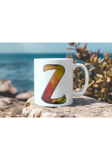 Z Harf Yaprak Renkleri İle Kupa Bardak - Kişiye Özel Alfabe Harfli Bardak - Hediye Beyaz