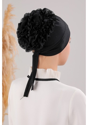 Tesettür Fırfırlı Çapraz Bone Siyah Siyah