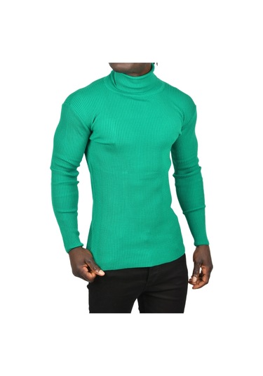 Deepsea Erkek Yeşil İnce Fitilli Tam Boğazlı Balıkçı Yaka Tüylenmeyen Triko Kazak 2505498 Yeşil