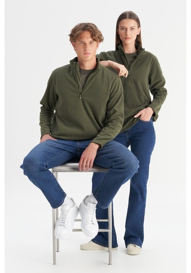 Erkek Hakı Anti-pilling Tüylenme Yapmayan Standart Fit Dik Yaka Polar Sweatshirt Haki