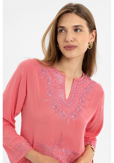 Pembe İşlemeli Uzun Kollu Astarsız Pamuklu Kısa Elbise-pembe