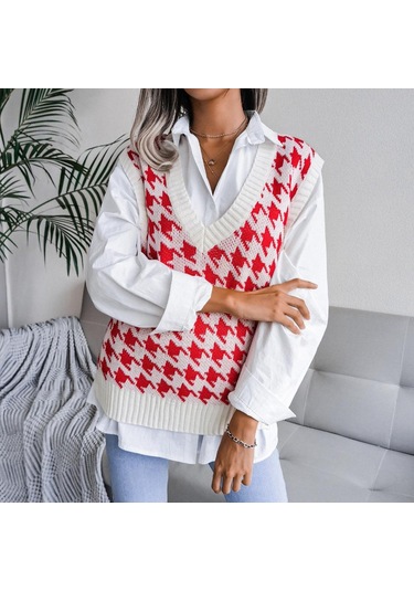 Kazak Yelek Kadın V Boyun Örme Yelek Streetwear Sonbahar Kış Vintage Giyim Rahat Gevşek Kolsuz Kazak Kırmızı