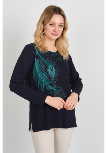Detay Triko Kadın Taş İşlemeli Ve Desenli Bisiklet Yaka Uzun Kol Anne Bluz 5721 Lacivert Lacivert