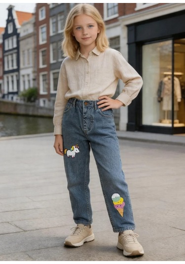 Kaizer Jeans Dondurma & Unicorn Baskılı Kar Yıkama Çocuk Pantolonu Mavi