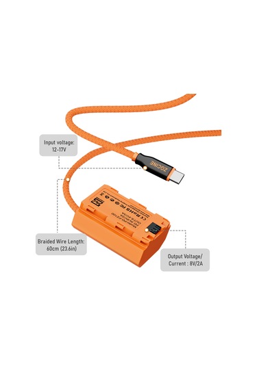 Gajeena Zgcıne Np-fz100 Type-c Taklit Pil, 8v 2a Regüle Çıkış, Sony A7/a9/a1/fx3/a6600 Ve Diğer Modeller İçin 60cm Kablolu Simülasyon Bataryası