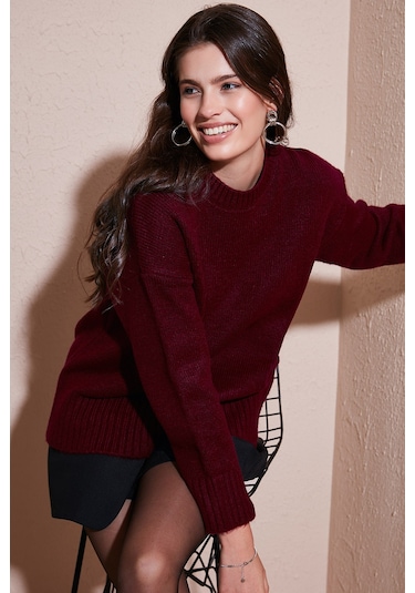 Lela Regular Fit Bisiklet Yaka Basic Triko Bayan Kazak 4616213 Bordo