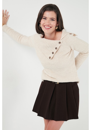 Lela Premium Regular Fit Kayık Yaka Düğme Detaylı Bayan Kazak 680Kz002563 Taş