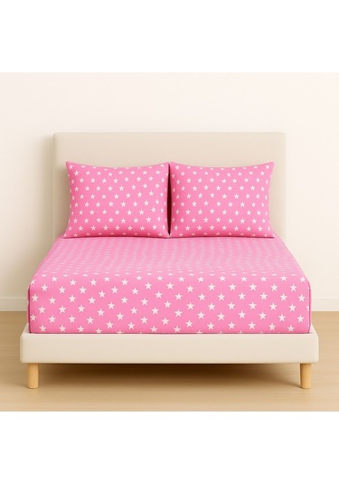 Desenli 180 X 200 Cm Battal Boy Pembe Yıldız Lastikli Çarşaf Ve 2 Adet Yastık Kılıfı Pembe