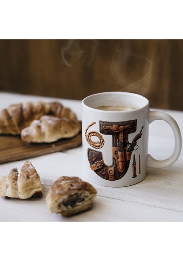 J Harfi Kovboy Temalı Bardak 330 Ml İsim / Harf Kişiye Özel Hediye - Vahşi Batı Konsept Beyaz