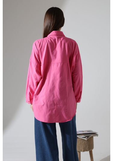 Yeni Sezon Poplin Kumaş Çift Cepli Oversize Pamuklu Kadın Tunik Gömlek Pembe