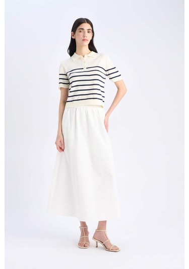 DeFacto A Kesim Normal Bel Yarım Astar Poplin Midi Etek E8700AX25SPWT32 Beyaz